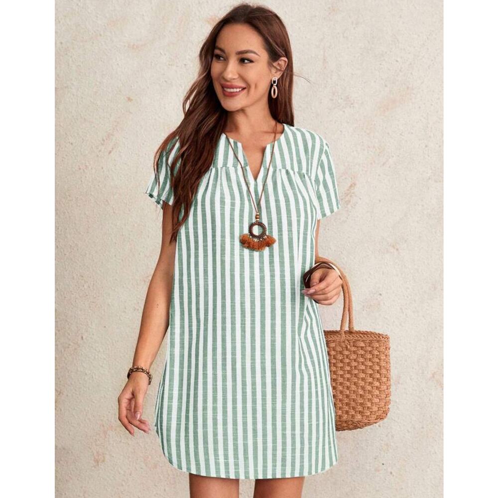 Emery Rose NWT Green White Nautical Striped Notched Collar Boxy Sundress Large